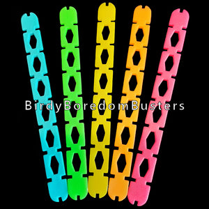 Brightly colored plastic craft sticks measuring approx 3/8" by 4-1/2". Use as a base for small toys or foot toys for bigger birds.  Package contains 10 pieces in assorted colors. 
