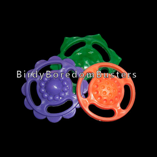 Brightly colored plastic flower rounds measuring approx 1-1/2