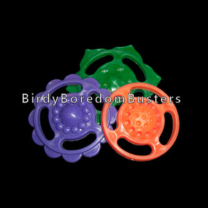 Brightly colored plastic flower rounds measuring approx 1-1/2" in diameter. Each round has four oblong holes and can be used as a dangle or as a base for small bird toys.  Package contains 10 pieces.