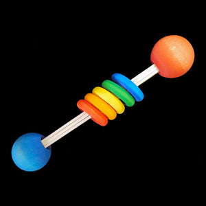 A great foot toy for greys, amazons and other parrots that are light chewers! Brightly colored 1" wood rings on craft sticks flanked between wood balls. Bunnies and other critters that need to chew will love it too!  Measures approx 5" long.