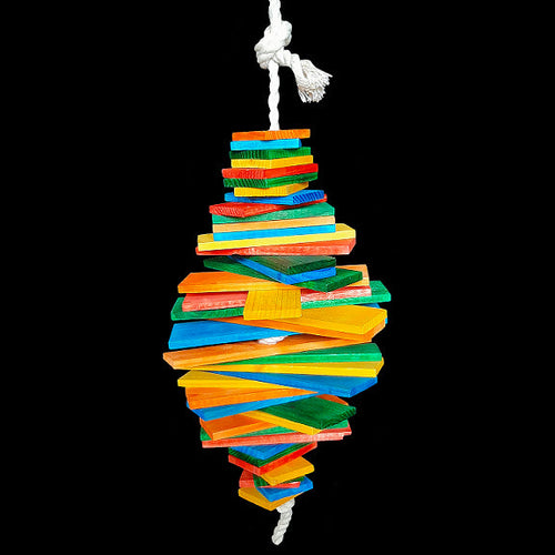 Layers of brightly colored pine wood slats in assorted sizes strung on 100% cotton rope.  Measures approx 6-1/2