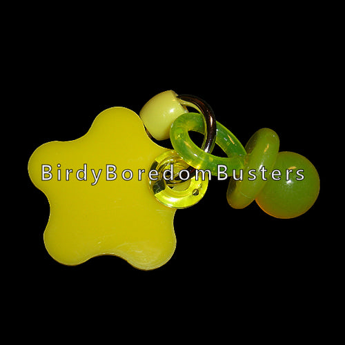 This simple toy is made with a thick acrylic toy tag, pacifier, big pony bead & crystal ring joined together on a nickel plated o-ring. Great for messy birds such as lories as it's easily cleaned. Designed for medium and large birds.  Measures approx 2