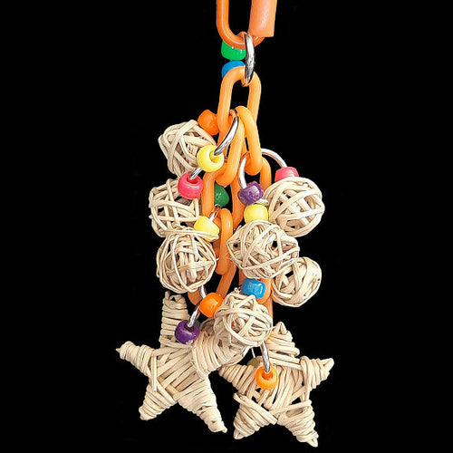 Crunchy mini vine munch balls, vine stars and a handful of pony beads dangling on plastic chain.