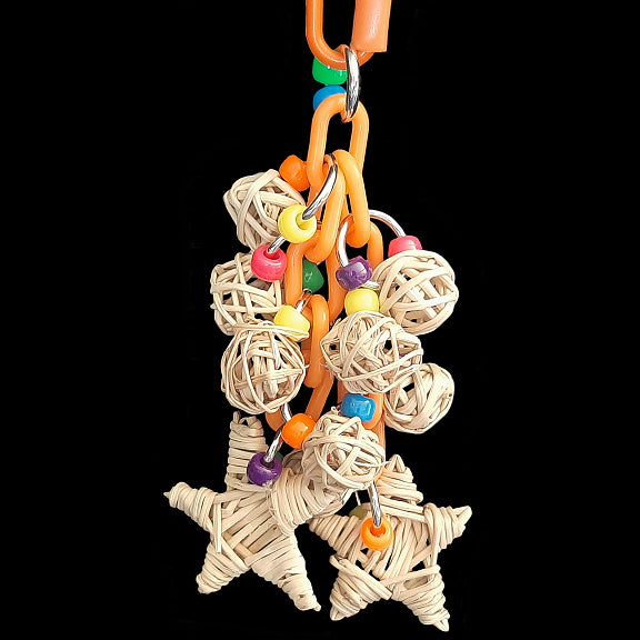 Crunchy mini vine munch balls, vine stars and a handful of pony beads dangling on plastic chain.